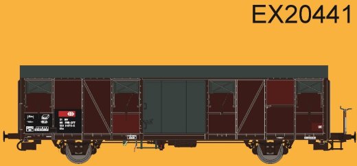 Exact-Train EX20441 - H0 SBB Gbs G&uuml;terwagen mit Farbfl&auml;chen, kleinem SBB Emblem, glattem Dach und T&uuml;ren Epoche VI