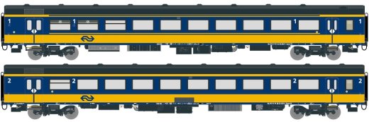 Exact-Train EX11002 - H0 2-er Set NS ICRm Garnitur 1 f&uuml;r den Innenlandseinsatz Reisezugwagen Bpmz10 und Reisezugwagen Apmz10 ( Neue Farbe Gelb / Blau) Epoche VI