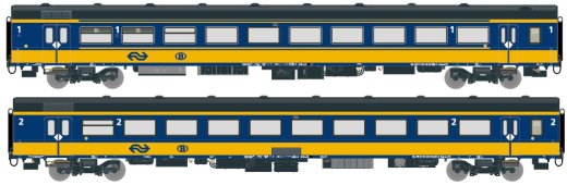 Exact-Train EX11020 - H0 2-er Set NS ICRm Garnitur 1 (Amsterdam - Brussel) f&uuml;r den Hsl-Strecke eingesetzt Endwagen Bpmez10 und Reisezugwagen Apmz10 ( Neue Farbe Gelb / Blau) Epoche VI