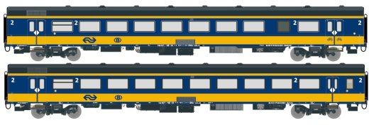 Exact-Train EX11021 - H0 2-er Set NS ICRm Garnitur 1 (Amsterdam - Brussel) f&uuml;r den Hsl-Strecke eingesetzt Reisezugwagen Bpmz10 und Fahrradwagen Bpmbdz8 ( Neue Farbe Gelb / Blau) Epoche VI