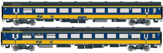 Exact-Train EX11022 - H0 2-er Set NS ICRm Garnitur 1 (Amsterdam - Brussel) f&uuml;r den Hsl-Strecke eingesetzt Reisezugwagen Bpmz10 und Reisezugwagen Apmz10 ( Neue Farbe Gelb / Blau) Epoche VI