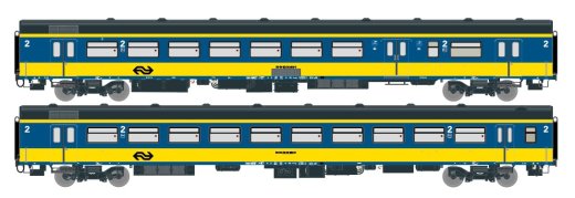 Exact-Train EX11060 - H0 2-er Set NS ICR (Originalversion) f&uuml;r den nachverkehr nach Belgi&euml;, Deutchsland und Luxembourg Gep&auml;ckwagen BKD und Reisezugwagen B ( Alte Farbe Gelb / Blau) Epoche IV