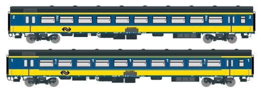 Exact-Train EX11061 - H0 2-er Set NS ICR (Originalversion) f&uuml;r den nachverkehr nach Belgi&euml;, Deutchsland und Luxembourg Reisezugwagen A und Reisezugwagen B ( Alte Farbe Gelb / Blau) Epoche IV