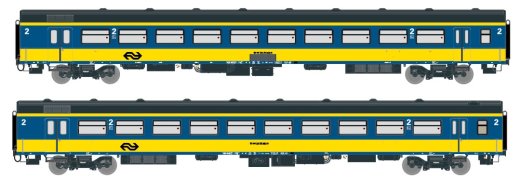 Exact-Train EX11062 - H0 2-er Set NS ICR (Originalversion) f&uuml;r den nachverkehr nach Belgi&euml;, Deutchsland und Luxembourg Reisezugwagen B und Reisezugwagen B ( Alte Farbe Gelb / Blau) Epoche IV
