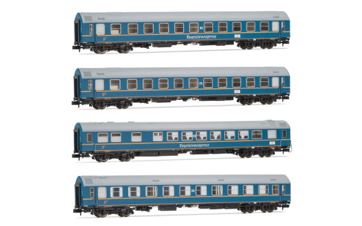 Arnold HN4420 - N DR, 4-tlg. Set OSShD Typ B Reisezugwagen &bdquo;Touristen-Express&quot; in blauer Lackierung, bestehend aus 2 x WLAB, 1 x WR und 1 x Salonwagen, Ep. III