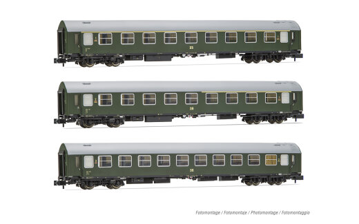 Arnold HN4421 - N DR, 3-tlg. Set OSShD Typ B Reisezugwagen in gr&uuml;ner Lackierung, bestehend aus 1 x WLAB, 1 x AB und 1 x Bc, Ep. III