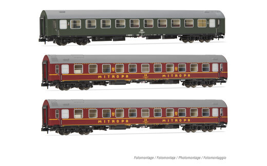 Arnold HN4423 - N DR, 3-tlg. Set OSShD Typ B Reisezugwagen &bdquo;Spree-Alpen-Express&quot; in gr&uuml;n/roter Lackierung, bestehend aus 1 x Bc und 2 x WLAB, Ep. IV
