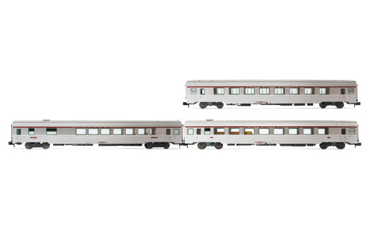 Arnold HN4440 - N SNCF, 3-tlg. Set TEE Reisezugwagen &bdquo;Cisalpin&quot;, Mailand - Paris, in silberner Lackierung, bestehend aus 1 x Vru, 1 x A2rtu und 1 x A8u, Ep. IV