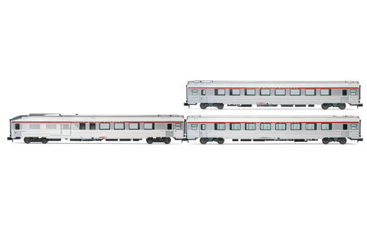 Arnold HN4441 - N SNCF, 3-tlg. Set TEE Reisezugwagen &bdquo;Cisalpin&quot;, Mailand - Paris, in silberner Lackierung, bestehend aus 1 x A4Dtux, 1 x Vru und 1 x A3rtu, Ep. IV