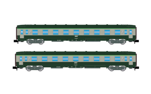 Arnold HN4448 - N SNCF, 2-tlg. Set DEV AO Reisezugwagen B9, in gr&uuml;n-grauer Farbgebung mit &bdquo;Encadr&eacute;&ldquo;-Logo, Ep. IV