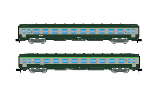 Arnold HN4449 - N SNCF, 2-tlg. Set DEV AO Reisezugwagen B10, in gr&uuml;n-grauer Farbgebung mit &bdquo;Nouille&ldquo;-Logo, Ep. IV