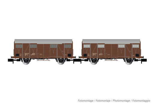 Arnold HN6574 - N FS, 2-tlg. Set 2-achs. gedeckte G&uuml;terwagen Gs, in brauner Lackierung, Ep. IV