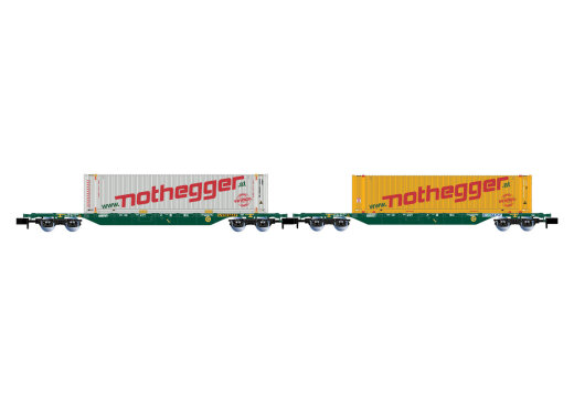Arnold HN6657 - N 2-tlg. Set 4-achs. Containerwagen in gr&uuml;ner Lackierung, beladen mit 45 Container &bdquo;Nothegger&quot;, Ep. V-VI