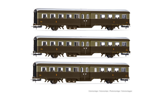 Rivarossi HR4369 - H0 FS, 3-tlg. Set 2-achs. 3.Klasse Reisezugwagen &bdquo;Corbellini&quot; 1947 f&uuml;r historische Z&uuml;ge in brauner Castano/Isabella-Lackierung, Ep. V-VI