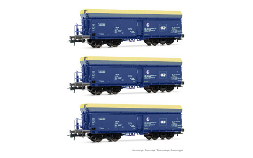 Rivarossi HR6589 - H0 PKP Cargo, 3-tlg. Set 4-achs.Selbstentladwagen Fals, in blau/gelber Farbgebung, Ep. VI