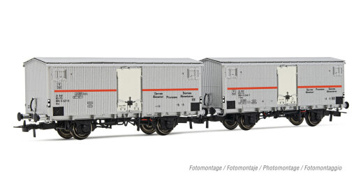 Rivarossi HR6604 - H0 FS, 2-tlg. Set 2-achs. K&uuml;hlwagen Ifms mit Blechladet&uuml;ren, UK-Fahrzeugbegrenzungslinie, in silberner Lackierung mit rotem Streifen, Ep. IV