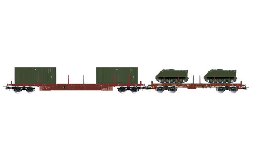 Rivarossi HR6612 - H0 FS, 2-tlg. Set Flachwagen, bestehend aus 1 x Rgs beladen mit 2 x 20&rsquo; Container und 1 x Rgmms beladen mit zwei Milit&auml;rfahrzeugen vom Typ M113, Ep. IV-V