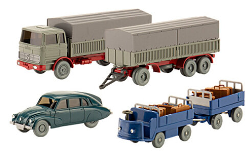 Brekina PMS 243851 - H0 Set Wiking-Verkehrs-Modelle 95 Elektrokarre mit Anh&auml;nger, 2x Koffer-Set, MB 1620 Stahlpritschen-H&auml;ngerzug und Tatra 87