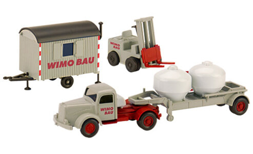 Brekina PMS 246557 - H0 Set WiMo-Bau: Ausgabe 1 MB L 5000 S Zement-Sattelzug, Gabelstapler und Bauwagen