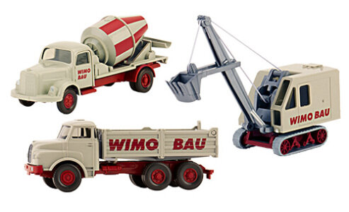 Brekina PMS 246559 - H0 Set WiMo-Bau 3 Krupp Ardelt L&ouml;ffelbagger, MAN Hochbordkipper und MB L 3500 Betonmischer