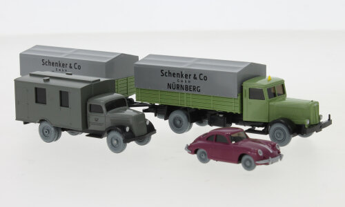 Brekina PMS 248022 - H0 Set Wiking-Verkehrs-Modelle 97 Hanomag HD5N Pritschenlastzug, Opel Blitz - Fernmeldedienst und Porsche 356