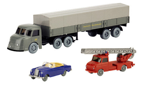 Brekina PMS 248023 - H0 Set Wiking-Verkehrs-Modelle 98 Henschel Pritschensattelzug, Opel Blitz Drehleiter und MB 220 Cabrio