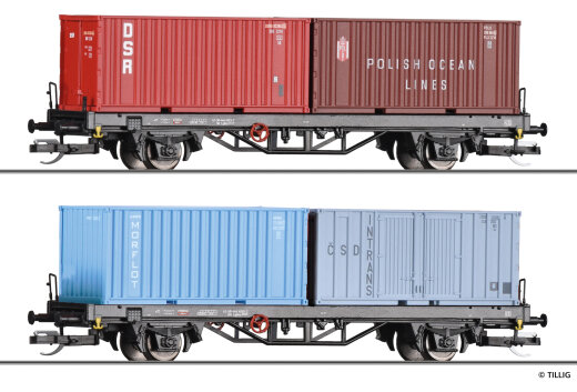 Tillig 01090 - TT G&uuml;terwagenset der DR, bestehend aus zwei Containertragwagen Lgkks 4444 beladen mit je zwei 20&lsquo; Containern, Ep. IV