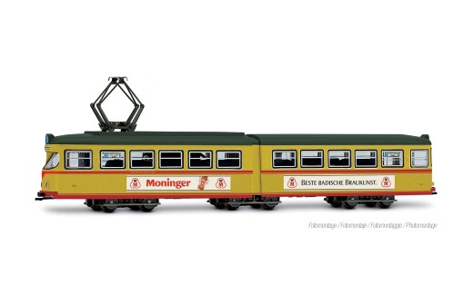 Arnold HN2615 - N Stra&szlig;enbahn Duewag GT6, zwei Frontlampen, &bdquo;VBK Karlsruhe &ndash; Moninger-Bier&ldquo;