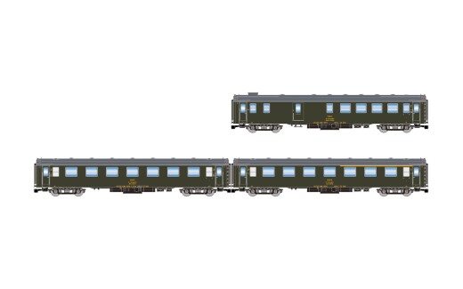 Arnold HN4514 - N RENFE, 3-tlg. Set 5000-Wagen, BBD4 Gep&auml;ckwagen + BB1 2. Klasse + AAB gemischt, mit alten Faltenb&auml;lgen, gr&uuml;n