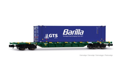 Arnold HN6743 - N Mercitalia Intermodal, 4-achs. Containerwagen Sgnss, gr&uuml;n, mit 45-Container von &bdquo;GTS Barilla&ldquo;