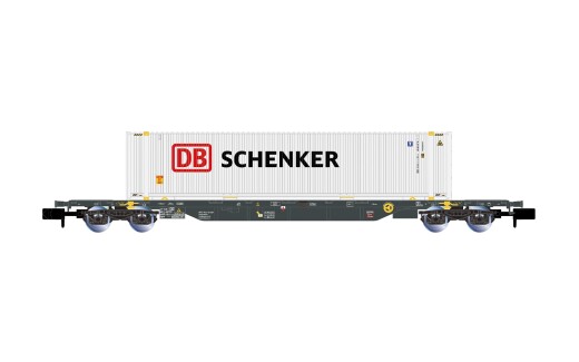 Arnold HN6744 - N 4-achs. Containerwagen Sgnss, graue Farbgebung, beladen mit 45-Container &bdquo;DB Schenker&rdquo;, wei&szlig;