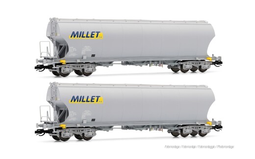 Arnold HN9763 - TT F-MISA, 2-tlg. Set 4-achs. Getreidesilo-Wagen mit runden Seitenw&auml;nden, &bdquo;MILLET&rdquo;, grau Lackierung