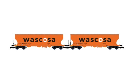 Arnold HN9774 - TT D-WASCOSA, 2-tlg. Set 4-achs. Getreidesilo-Wagen mit runden Seitenw&auml;nden, orange Farbgebung, gro&szlig;es &bdquo;WASCOSA&rdquo;-Logo