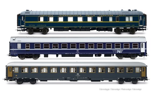 Rivarossi HR4410 - H0 FS, 3-tlg. Set Exp 234/235 &bdquo;Remus&ldquo; Roma &ndash; Wien, WR &bdquo;Pistoiesi&rdquo; ex CIWL, WLABm MU 68 TEN + UIC-X 75 2. Klasse, grau