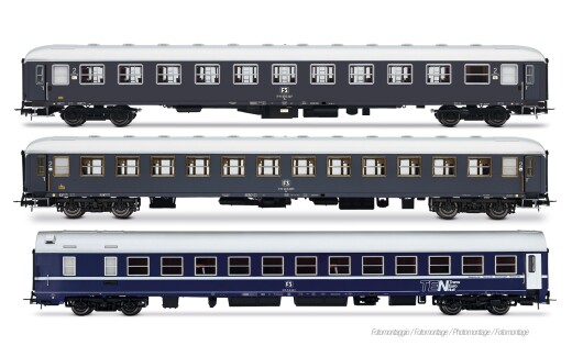 Rivarossi HR4411 - H0 FS, 3-tlg. Set Exp 234-235 Remus Roma &ndash; Wien, bestehend aus UIC-X 68 Liegewagen, UIC-X 68 2. Klasse in grauer Lackierung und WLABm MU 73 TEN