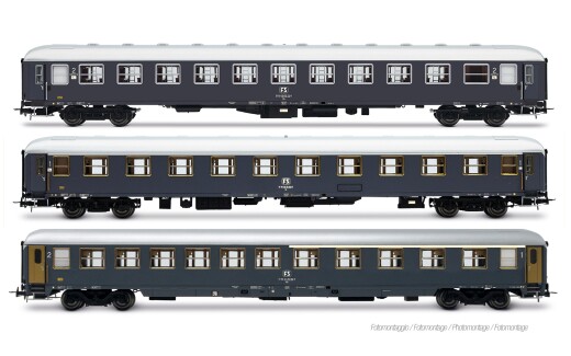 Rivarossi HR4412 - H0 FS, 3-tlg. Set Exp 234/235 Remus Roma &ndash; Wien, bestehend aus UIC-X 68 Liegewagen, UIC-X 68 1. Klasse und UIC-X 75 1./2. Klasse, grau
