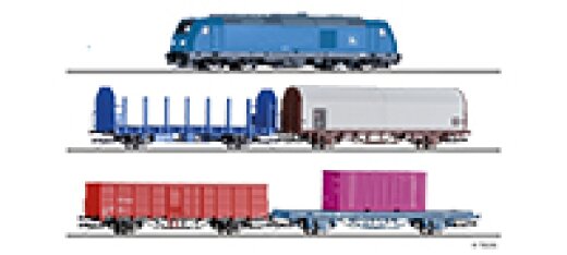 Tillig 01507 - TT Einsteiger-Set: Internationaler G&uuml;terzug, bestehend aus Diesellokomotive &bdquo;TRAXX&ldquo;, einem Rungenwagen Laps, einem Haubenwagen Kils, einem offenen G&uuml;terwagen Fbs und einem Containertragwagen Lgs, Ep. VI