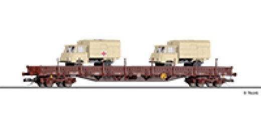 Tillig 18146 - TT Niederbordwagen Res 3936 der DR, beladen mit zwei LKW Robur 1801 Kofferaufbau in Exportausf&uuml;hrung, Ep. IV