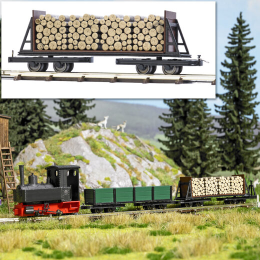 Busch 12247 - H0      Drehgestell-Stirnwandwagen mit Holzladung