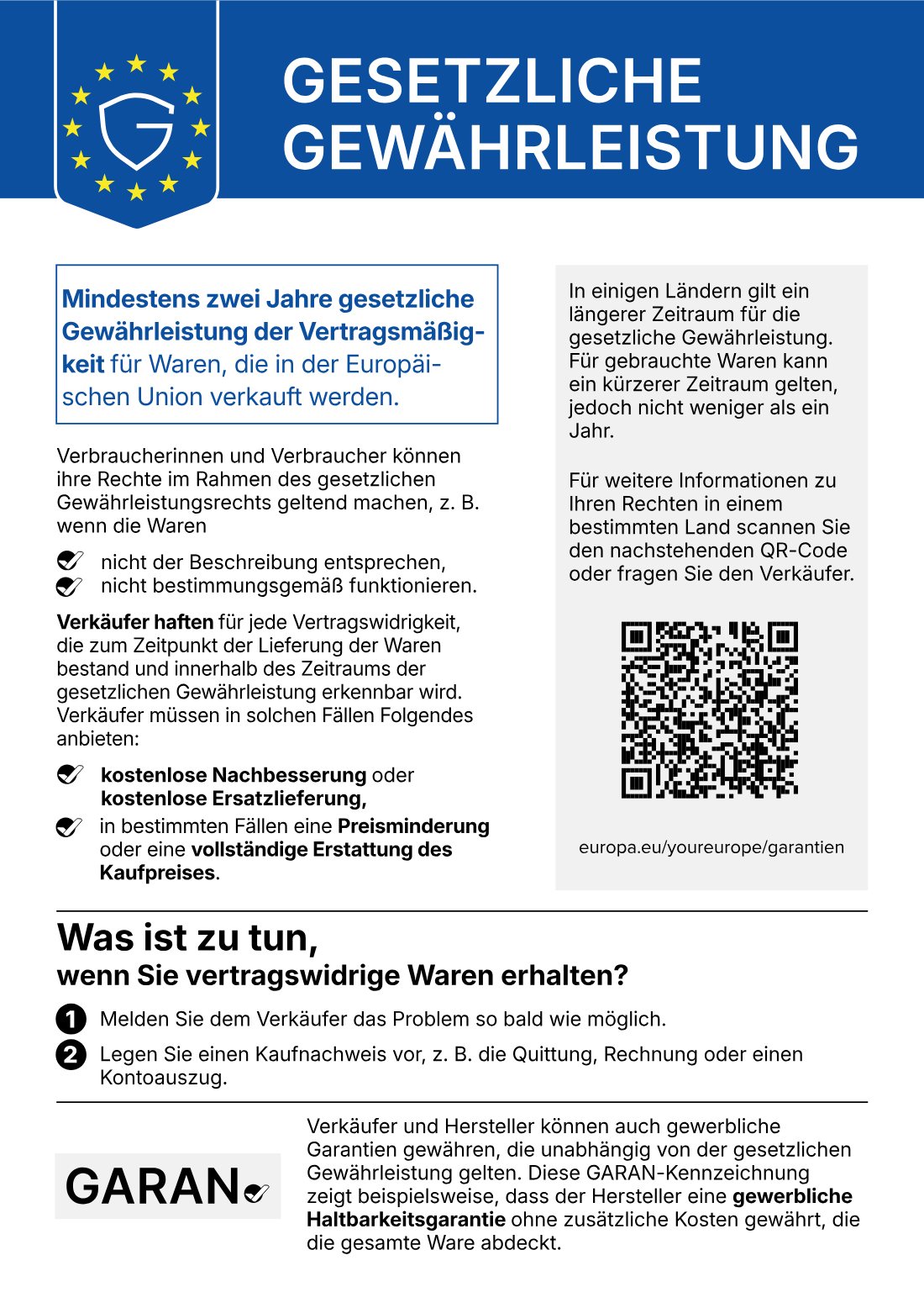 Harmonisierte Mitteilung: Informationen zur gesetzlichen Gewährleistung in der EU
